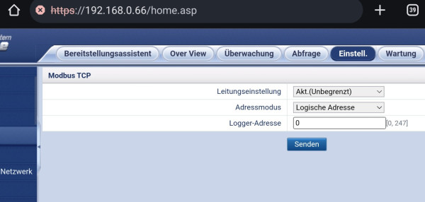 Einstellungen Smartlogger Modbus